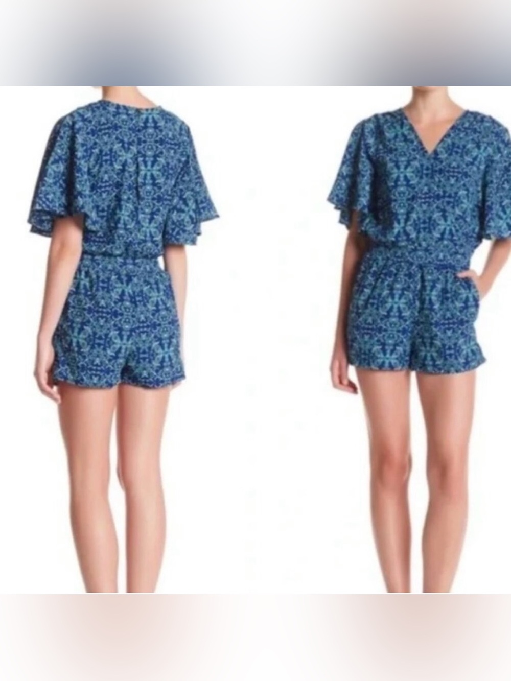 Mimi Chica Blue/Teal Flutter Sleeve Romper S